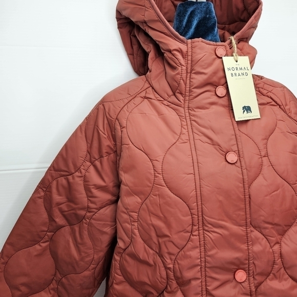 The Normal Brand Quilted Coat Size Small Hood Long Snap Close Burnt Orange NWT - Picture 10 of 15